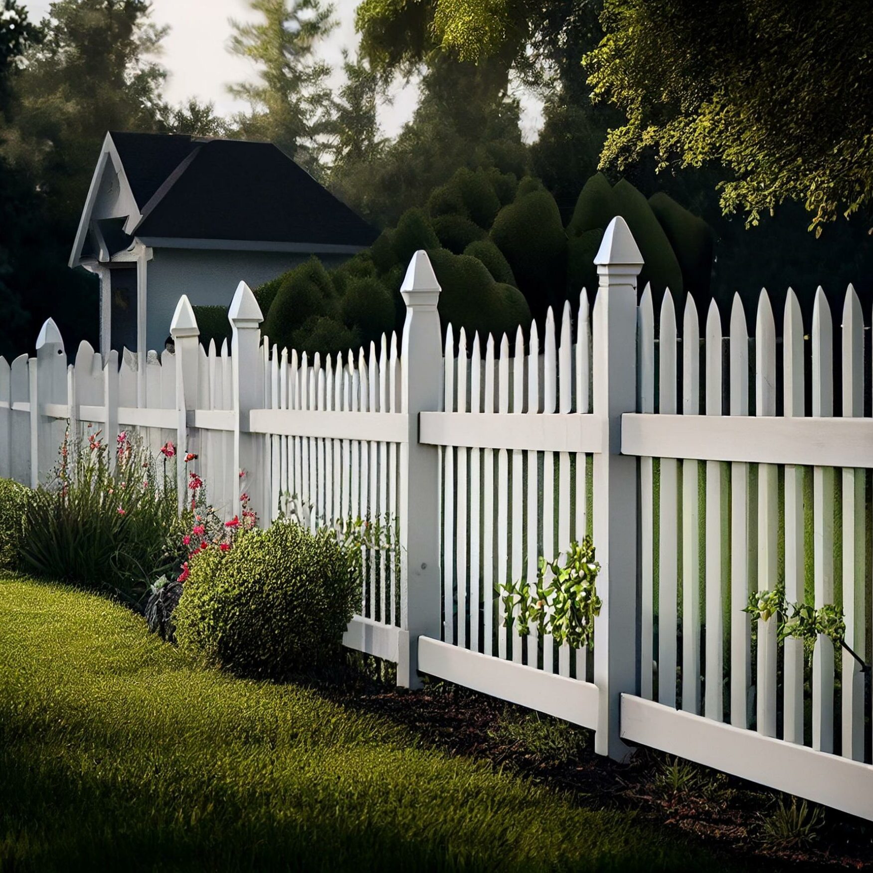 White vinyl picket fence on green lawn surrounding property grounds for backyard protection and privacy. Generative AI